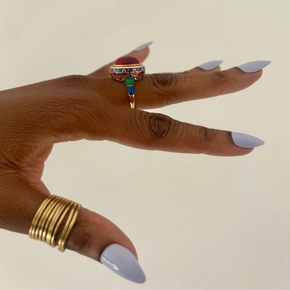 Anthropologie Ethnic Vintage Red Cabochon Enamel Ring - Picture 6 of 11